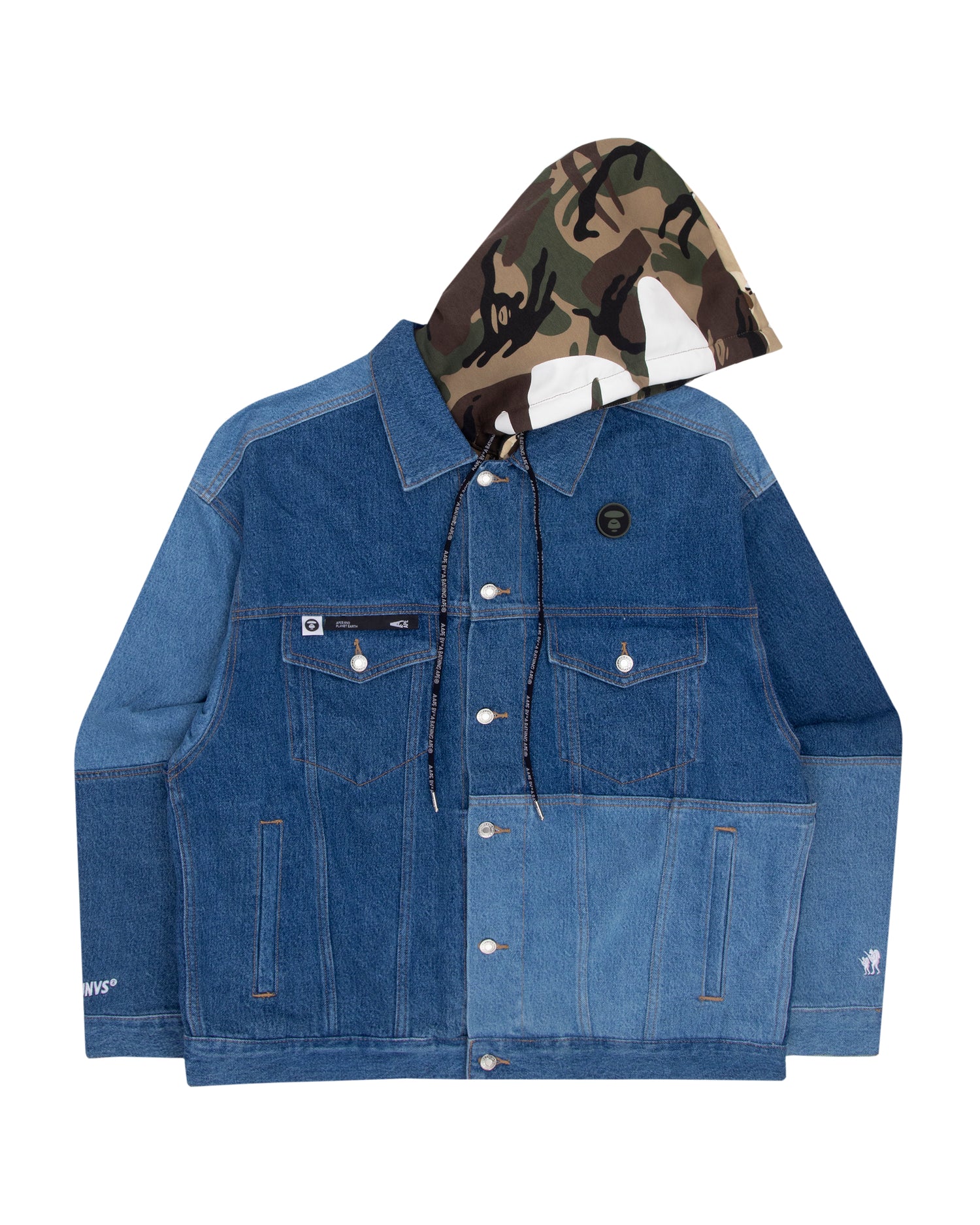 Moonface panelled hooded denim jacket