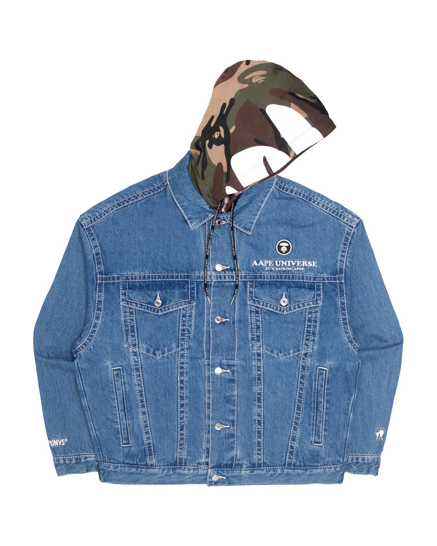 Moonface panelled hooded denim jacket