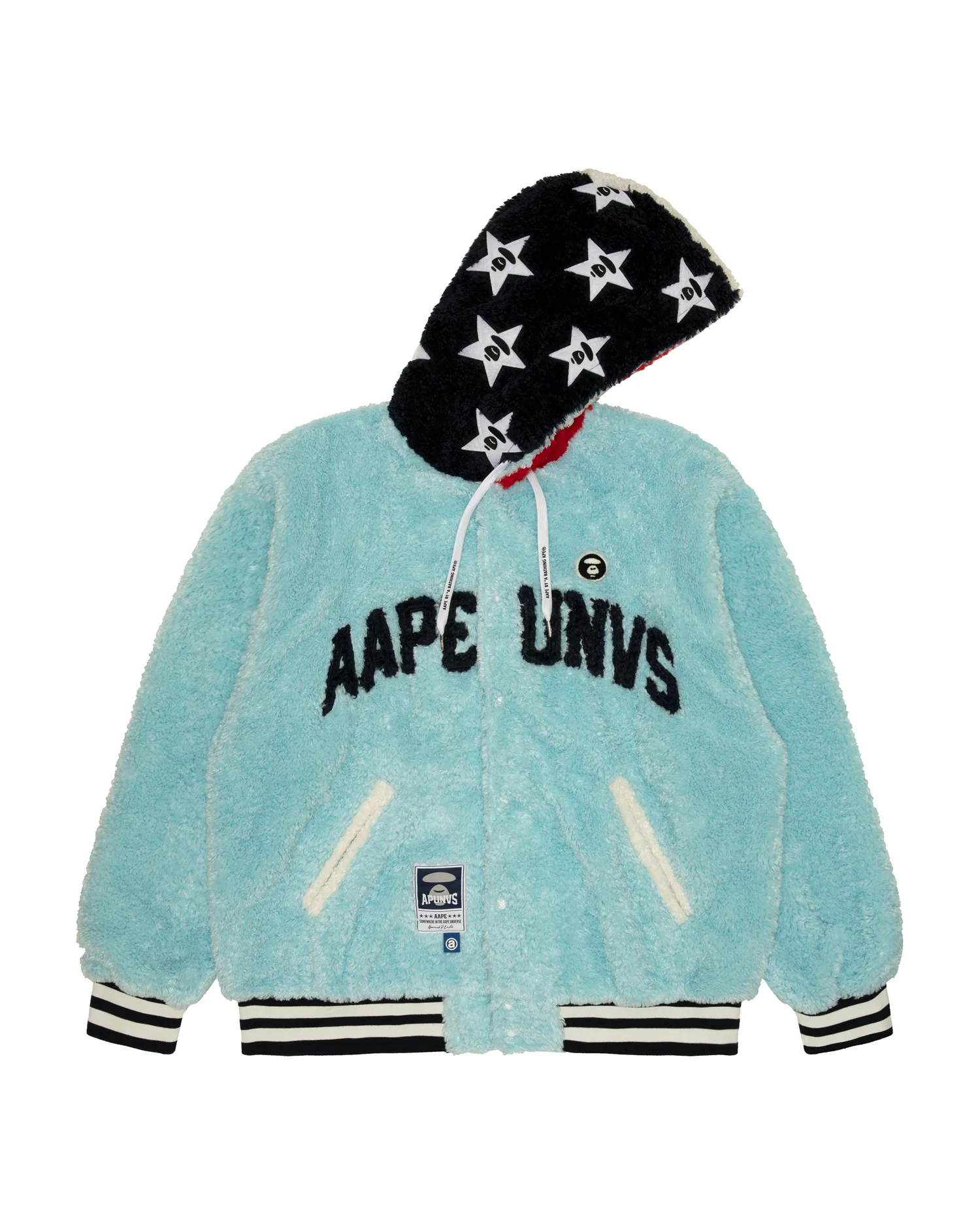 Moonface hooded fluffy varsity jacket